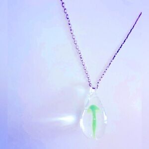 NWOT necklace Green Mushroom in handblown glass 1” teardrop 18” Silvertone chain